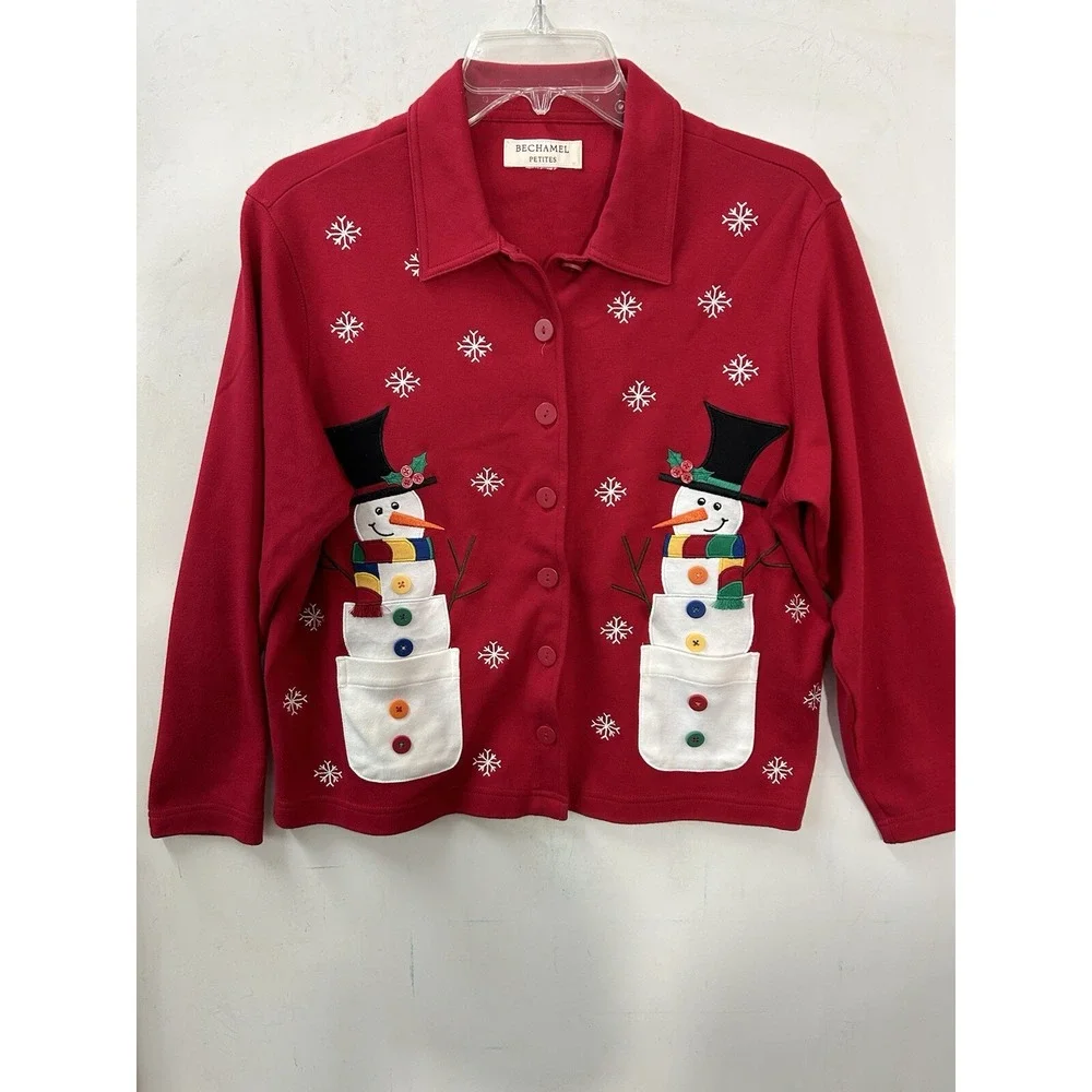 Bechamel Womens Red‎ Snowman Button Up Cardigan Sweater Sz S 100% Cotton Granny